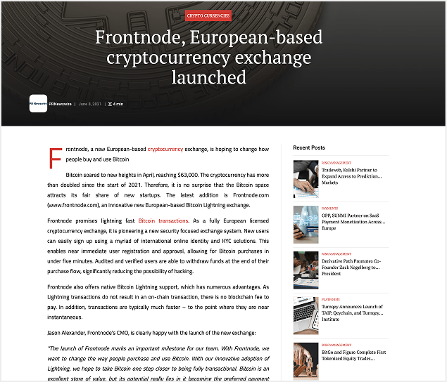 Frontnode featured in the news for launching its European-based cryptocurrency exchange platform.
