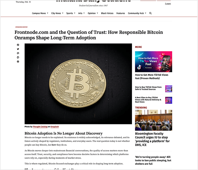 Frontnode featured in the news discussing trust, responsible Bitcoin onramps, and long-term cryptocurrency adoption.